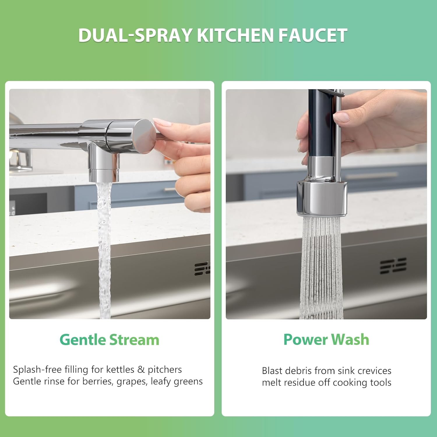 Dual Spout Kitchen Faucet with Pull Down Sprayer, Chrome Stainless Steel Commercial Sink Faucet, Single Handle, 1 or 3 Hole Install, for Farmhouse RV Laundry Utility Wet Bar
