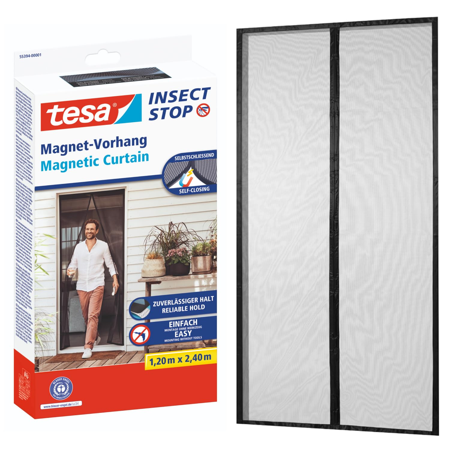 tesa Insect Stop - Cortina Mosquitera Magnética con Cierre Automático - Malla Protectora Contra Insectos para Puertas de Balcón y de Patio - Fácil Instalación sin Taladrar - 2,4 m x 1,2 m