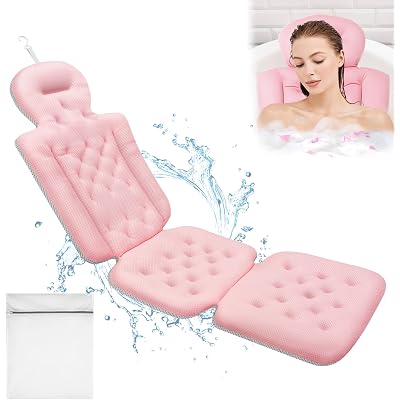 Luxury Full Body Bath Pillow for Bathtub, Bath Pillows for Tub with Mesh Laundry Bag & Non-Slip Suction Cups, Cushion for Bathtub Headrest Neck Back Support - 5D Air Mesh & Quick Drying | Pink
