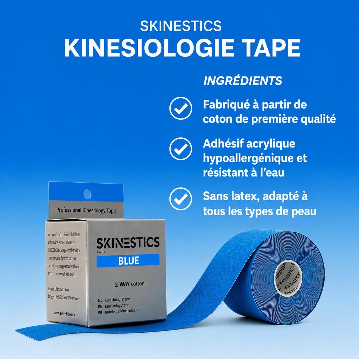 Skinestics | Bandes de Kinésiologie 4-Way Bleu | 3 Rouleaux | 600cm x 5cm | Genou, Cheville | K Tape, Strap Sport, Leukotape | Kinesio Tape & Bande Strapping Adhésif | Ruban Athlétique Élastique