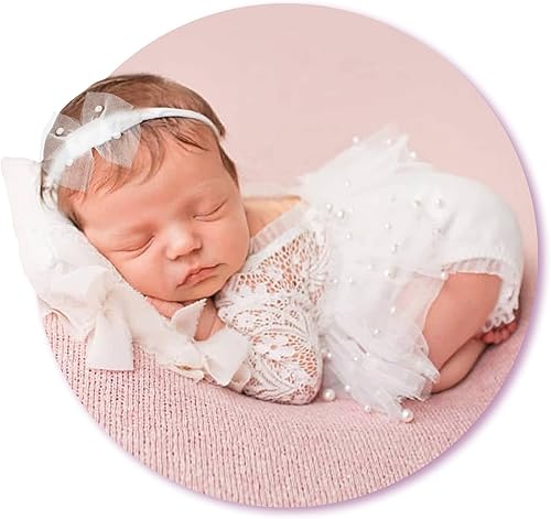LYXIHAP 3 Pcs Newborn Photography Props Baby Girl Lace Ribbon Rompers Headdress Rompers Set