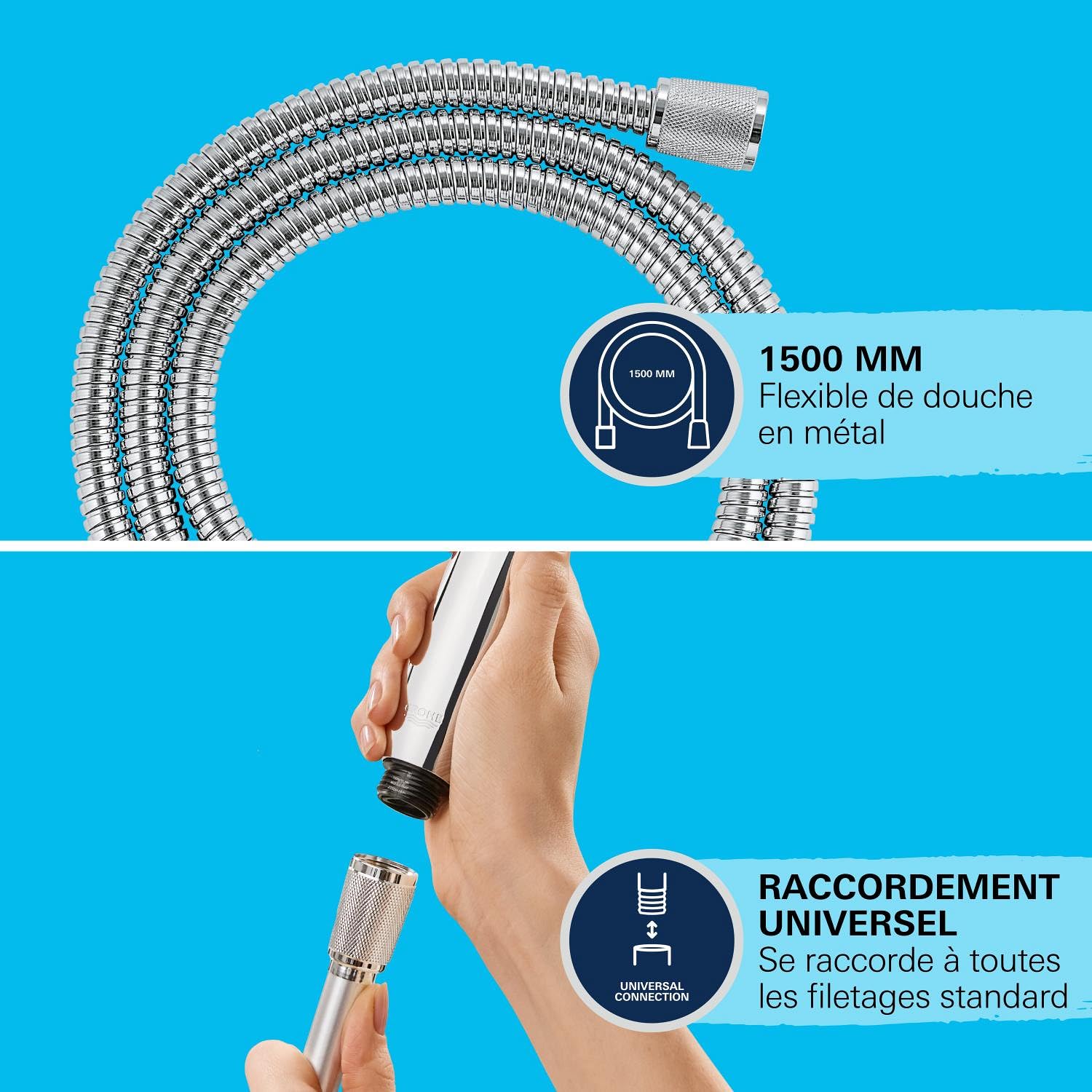 GROHE Flexible tuyau de douche salle de bains VitalioFlex métallique, tuyau de douche 1500mm, anti-pliures, finition brillante, raccord fileté universel 1/2", chromé, 27502001 (Import Allemagne)