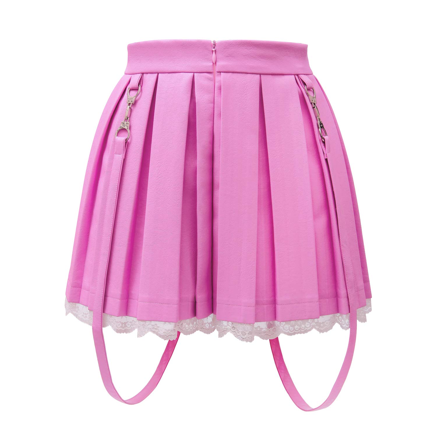 Littleforbig Women's A-Line Pleated Faux Leather Flared Casual Lace Trim Mini Skirts - Troublemaker: 3X-Large Pink