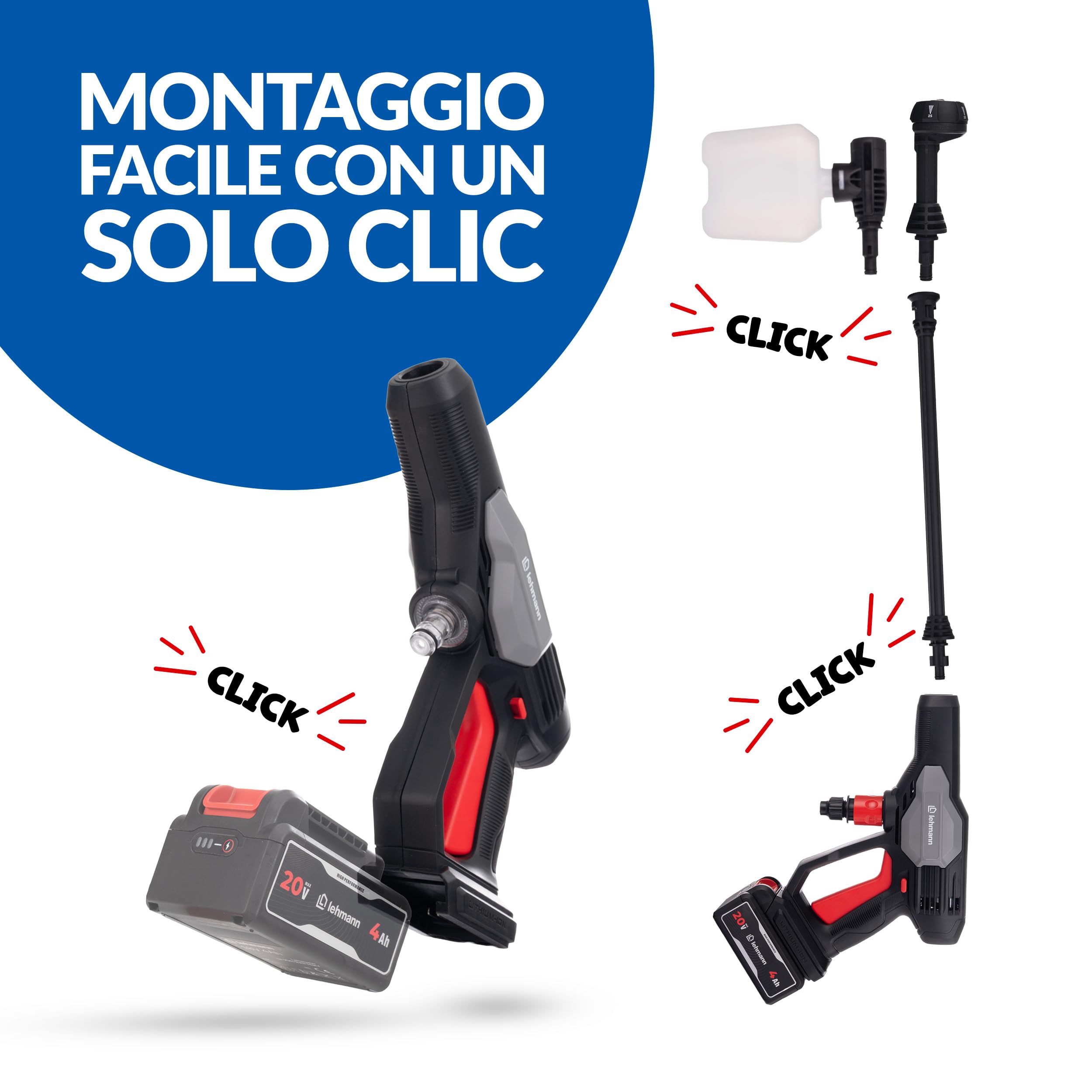 LEHMANN STREAM Mini Idropulitrice Portatile a Batteria 20V Max con Batteria 4Ah, Idropulitrice Autoadescante con Lancia 5 in 1, Tubo 6 m e Schiumatore per Auto e Terrazzo