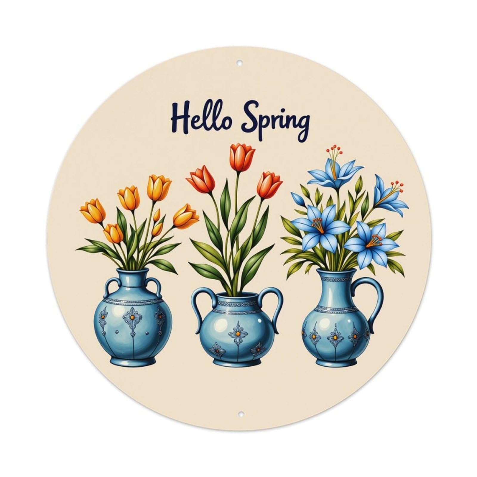 Lzwbntey Vintage Blue Vases Spring Flowers Tulips Metal Tin Sign Retro Wall Decor For Home Bar Garage Cafe, Indoor & Outdoor Decorative，Circle Metal Poster, 8X8 Inch