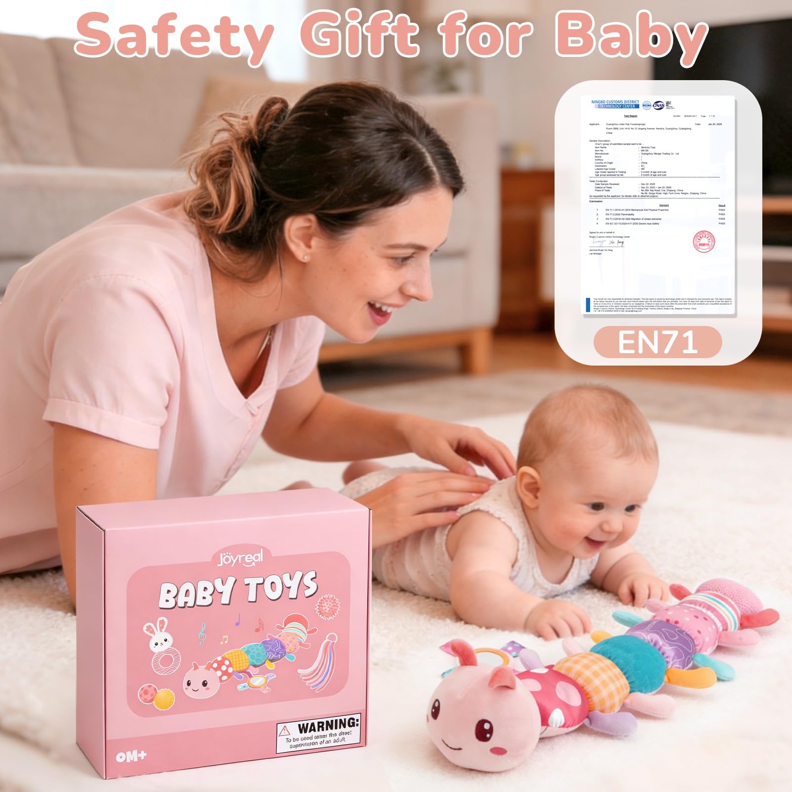 Joyreal Baby Spielzeug ab 3 Monate, Montessori Sensorik SpielzeugBaby 0 3 6 Monate, Baby Geschenk Mädchen, 10-teiliges Set für Neugeborene, Baby Raupe Musikspielzeug, Rasseln, Bänder