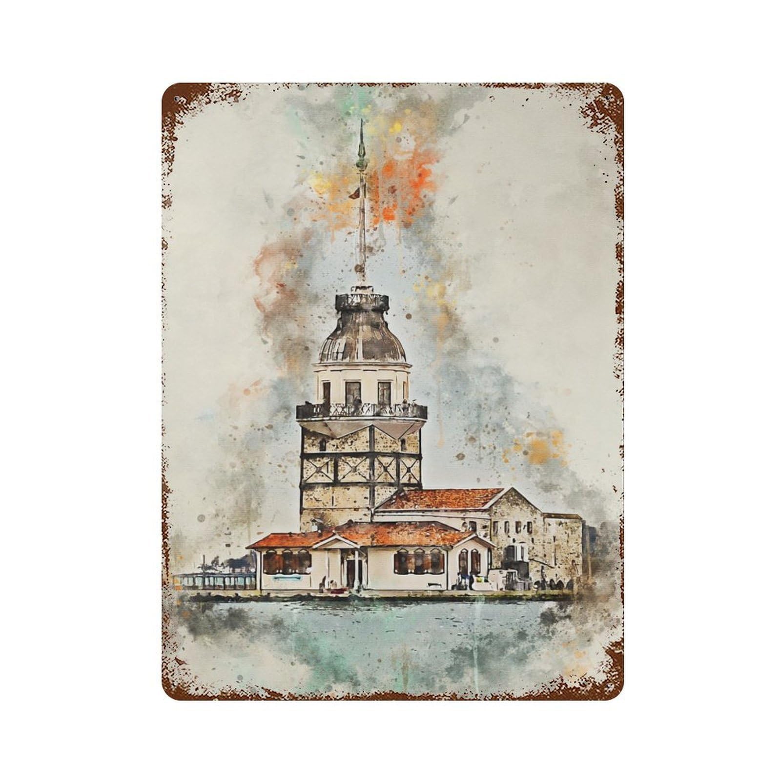 Maidens Tower Watercolor Rusty Metal Tin Sign 15.7"x11.8", Ideal for Farmhouse, Kitchen And Entryway Decor