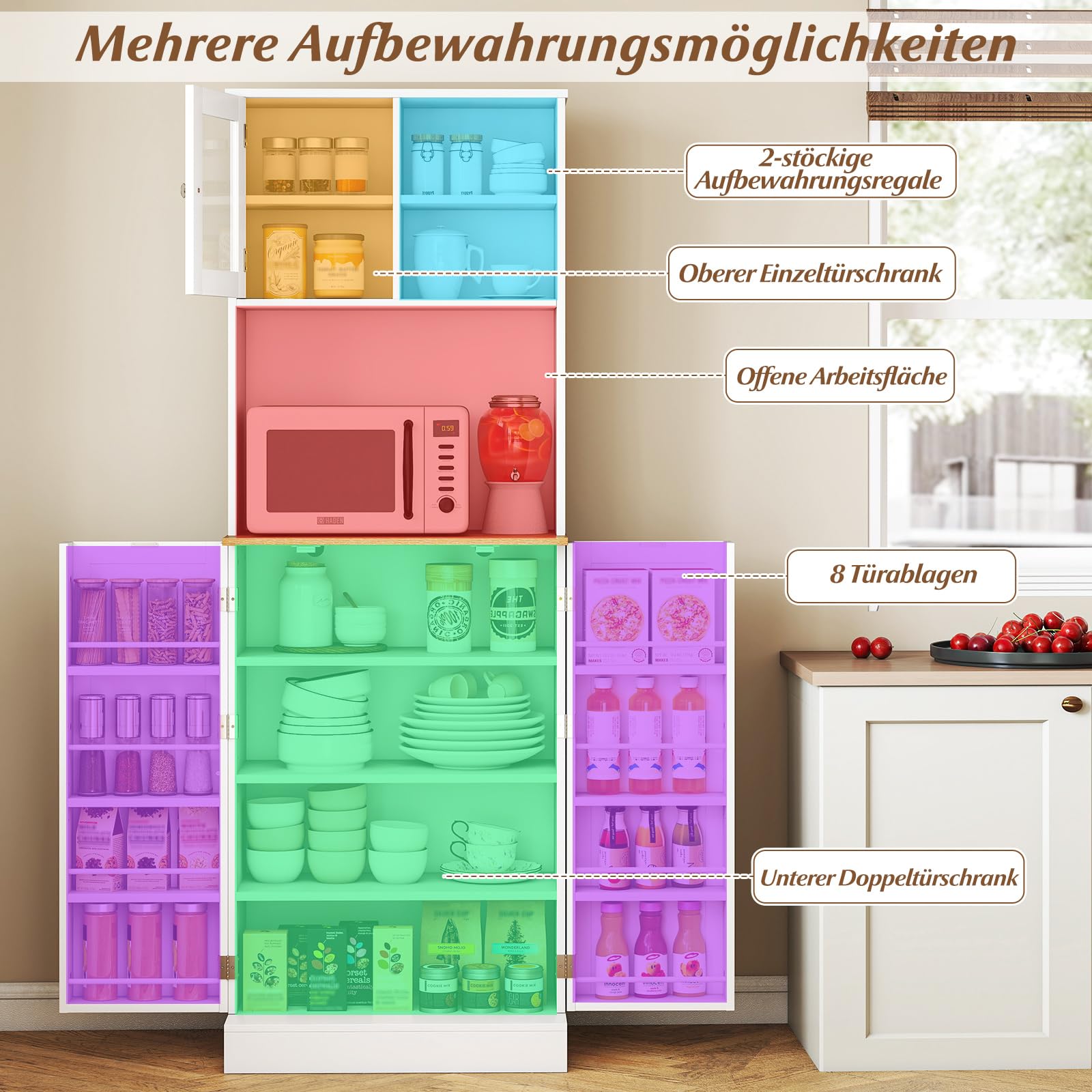 COSTWAY Küchenschrank 170 cm, Buffetschrank hoch, Vorratsschrank mit 2 Glastüren, 8 Türregalen, Arbeitsplatte & verstellbare Regalen, Hochschrank Mehrzweckschrank, für Küche Wohnzimmer Esszimmer, Weiß