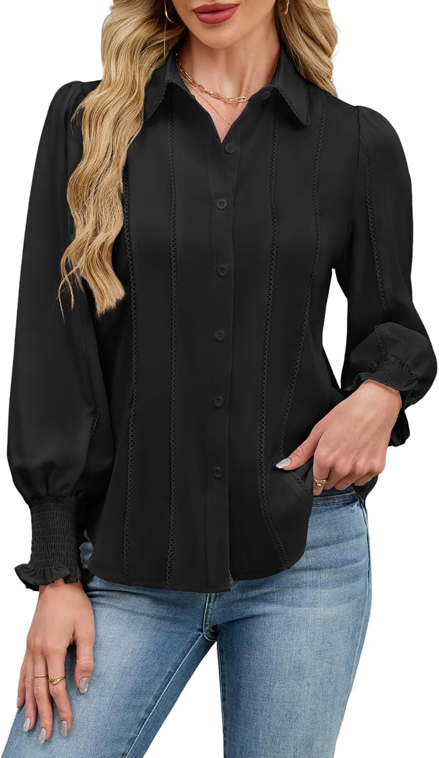 AGSEEM Women's Smocked Cuffed Button Down Shirts Long Sleeve Chiffon Dressy Casual Blouses Embroidered Work Tops 2025