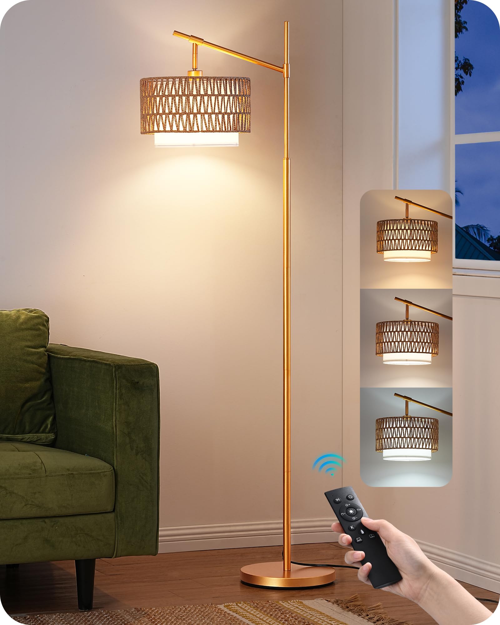 EDISHINE Rattan Arc Floor Lamp with Remote,Gold Farmhouse Standing