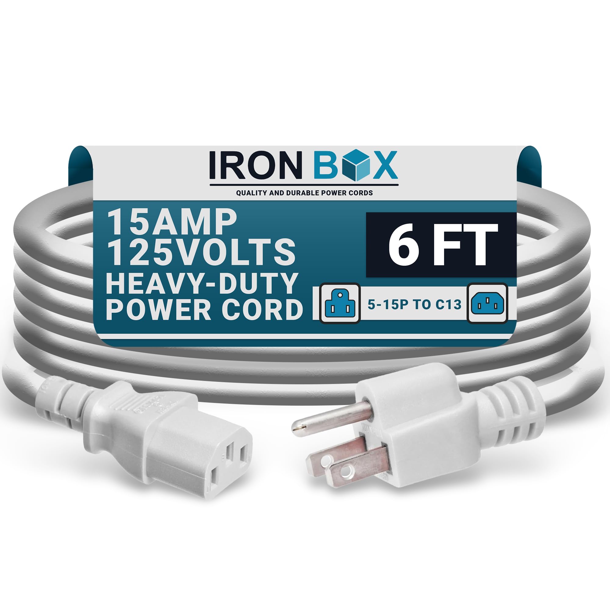 IronBox Electric - Heavy-Duty 5-15P to C13 Power Cord - 3 Prong 15A 125V 14/3 SJT PC Cable - Cord for Computer, Monitor, Subwoofer, Amplifier - Cable for Power Supply - (White 6 Foot)