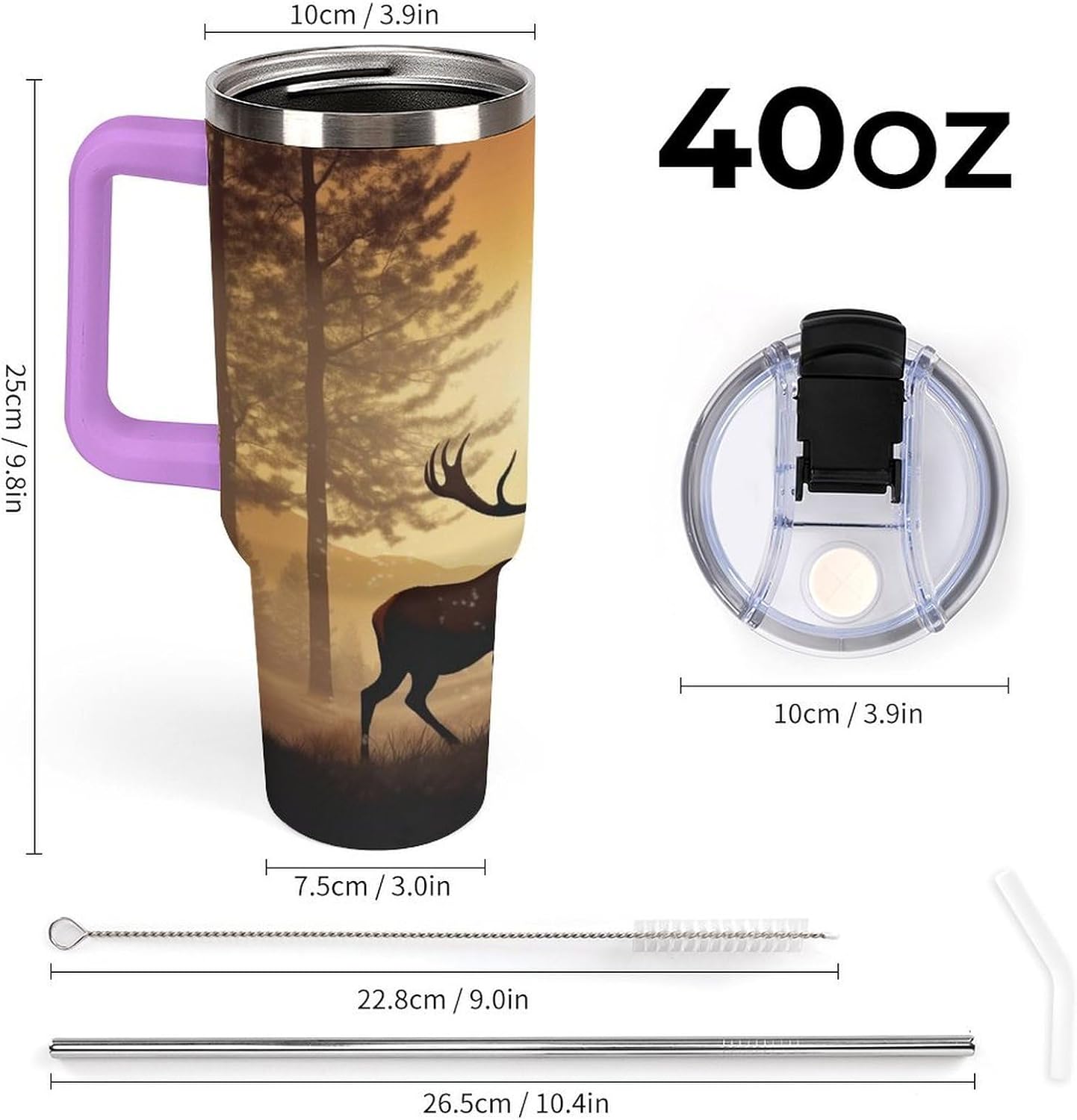 Elk Artwork Travel Coffee Mug Reusable Durable Stainless Steel Insulated Tumbler with Handle And Straw Leak Resistant Portable Thermal Cup Gifts for Men Women 40 Oz