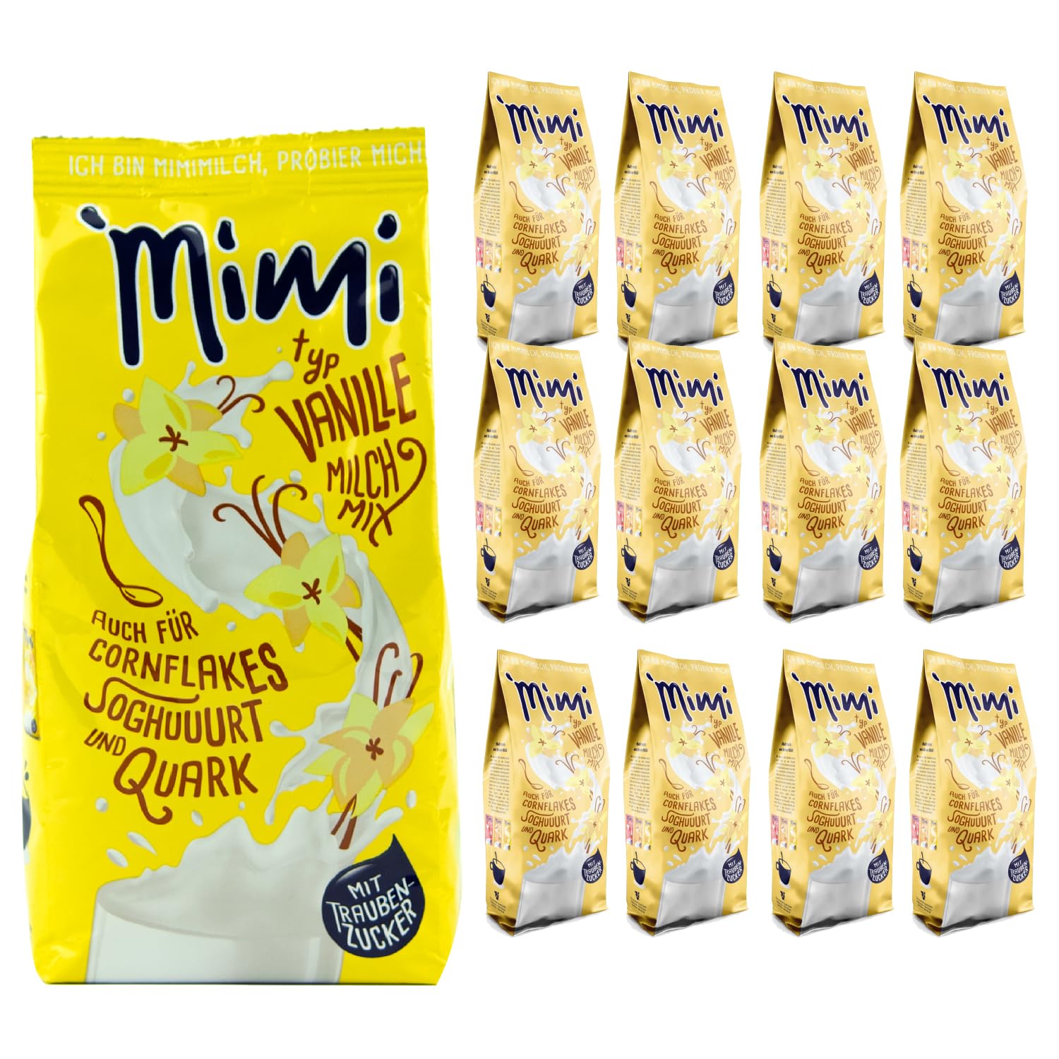 Mimi Milch-Mix Bebida Vainilla Bebida en polvo 12 x 400 g - Paquete de almacenamiento - Deliciosa bebida con sabor a vainilla - Soluble en frío y caliente - Ideal para ocio, oficina, familia grande