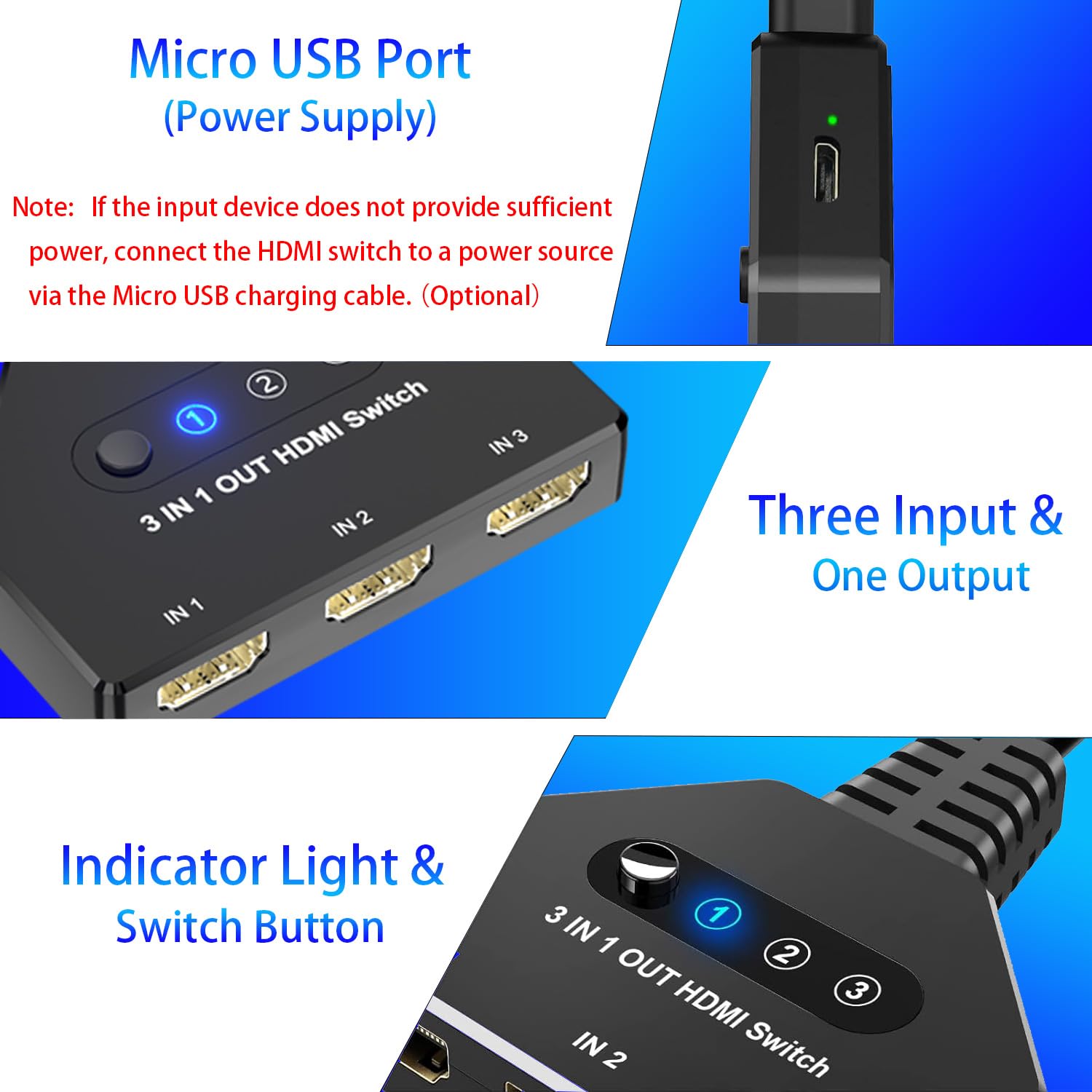Conmutador HDMI 3 en 1, 4K a 30 Hz, 3 puertos, conmutador HDMI compatible con Full HD 1080P 3D, compatible con Roku Fire TV Stick HDTV PS4/PS5 Xbox One Chromecast, compatible con Mac/Win/Linux