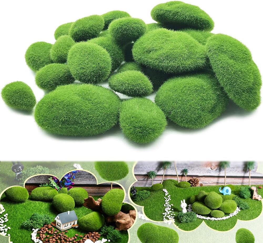Goodern Artificial Moss Rocks Decorative,DIY Green Artificial Moss Rocks Fake Moss Rocks for Plant Poted Decoration,Craft Faux Green Moss Covered Stones Fake Moss Balls for Floral Arrangements-30Pcs