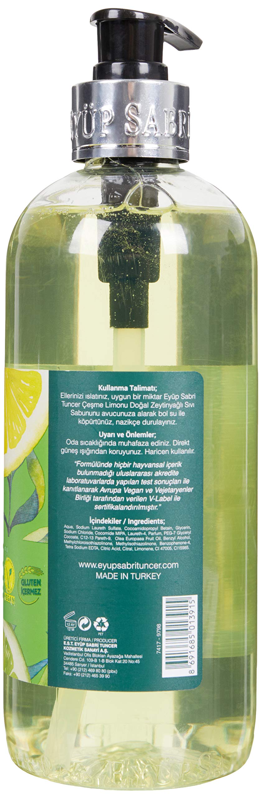 EyabiSabri Tuncer Natural Oliwa z oliwek Fontanna mydła w płynie cytryna 500 ml butelka PET