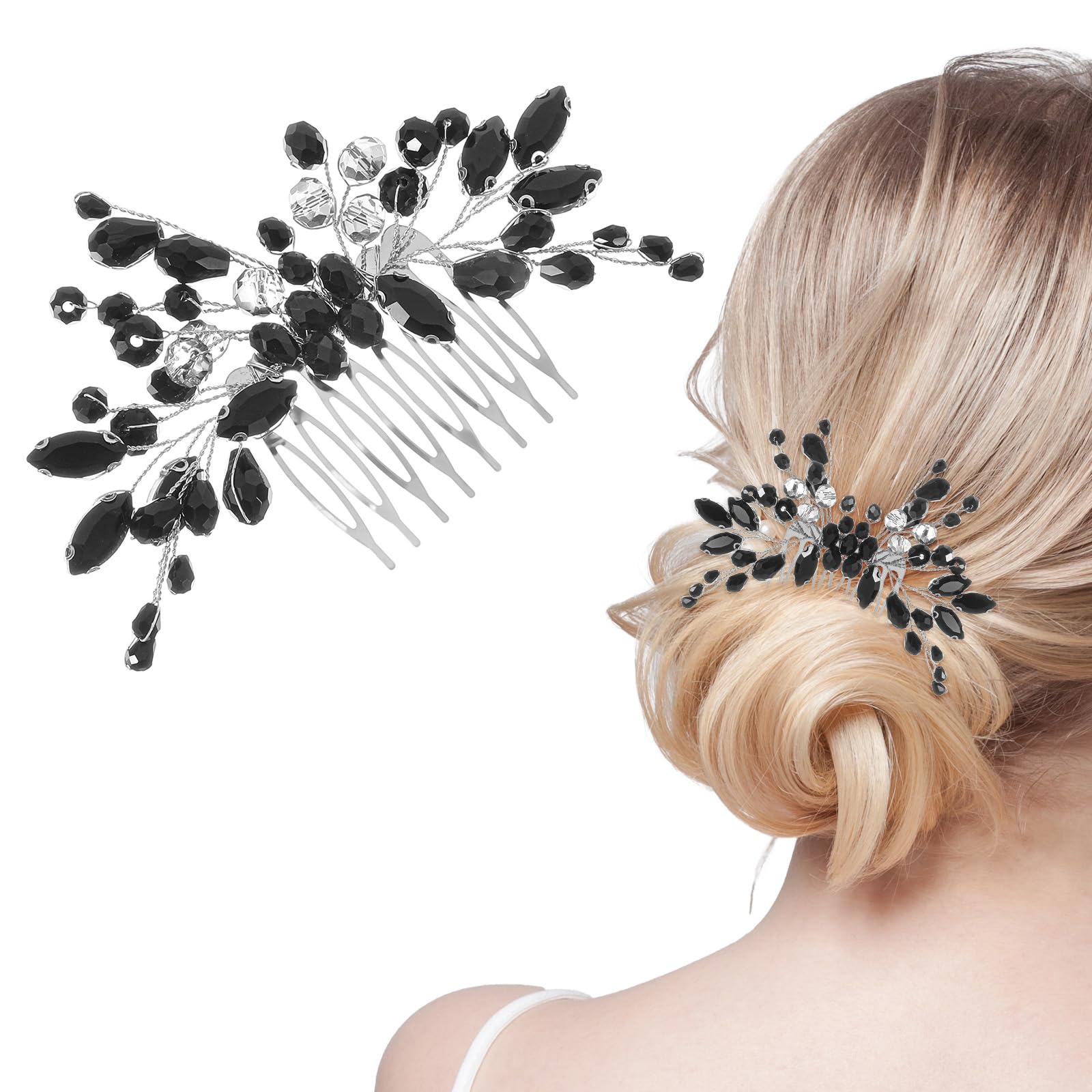 Bridal Hair Comb,Black Teardrop Hair,Bridal Hairs Comb,Black Crystal Side Combs, Flower Headdress Hairs Accessories