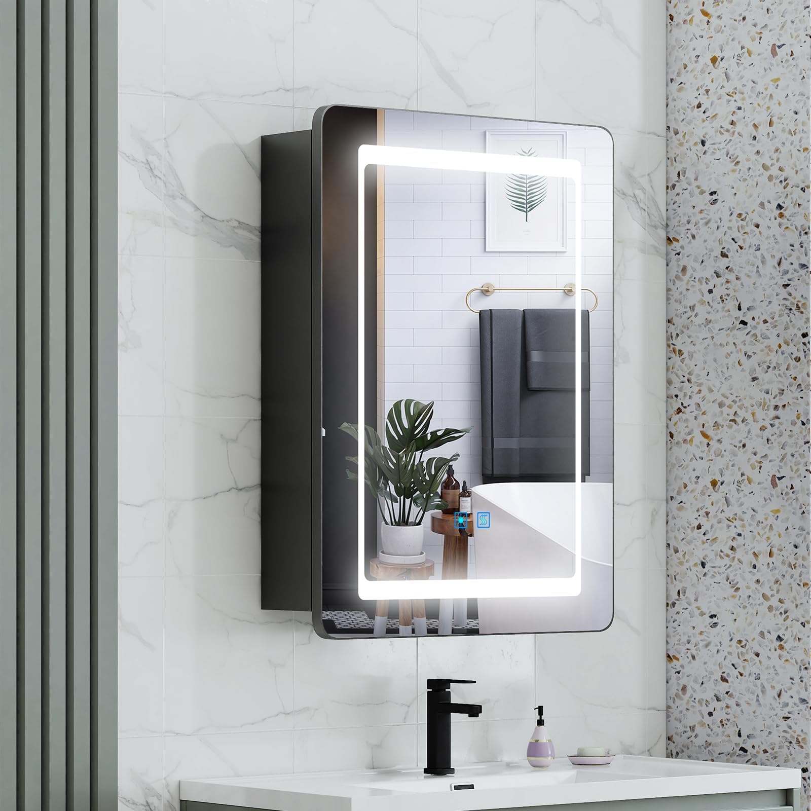Bathroom Mirror Cabinets with Lights and Shaver Socket BLACK illunimated LED Bathroom Cabinet with Mirrors Wall mounted Built-in LED Lighting Anti-fog Touch Switch Glass Shelves 50x70cm