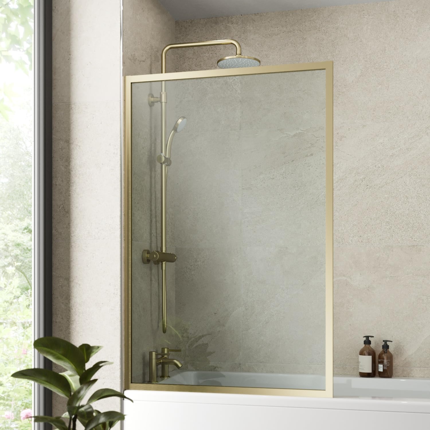 800 x 1400mm Brushed Brass Over Bath Shower Screen Fixed Door Glass Panels & Screens for Baths, Bathroom Framed Square Design, 6mm Toughened Safety Glass