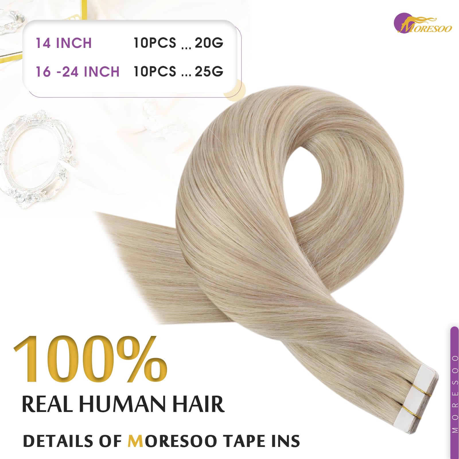 Moresoo Tape in Hair Extensions Human Hair 20 Inch Ash Blonde with Bleached Blonde Human Hair Tape in Extensions Highlight Remy Straight Hair for Women Adding Volume 10 Pieces/25g #P18/613 - Image 3