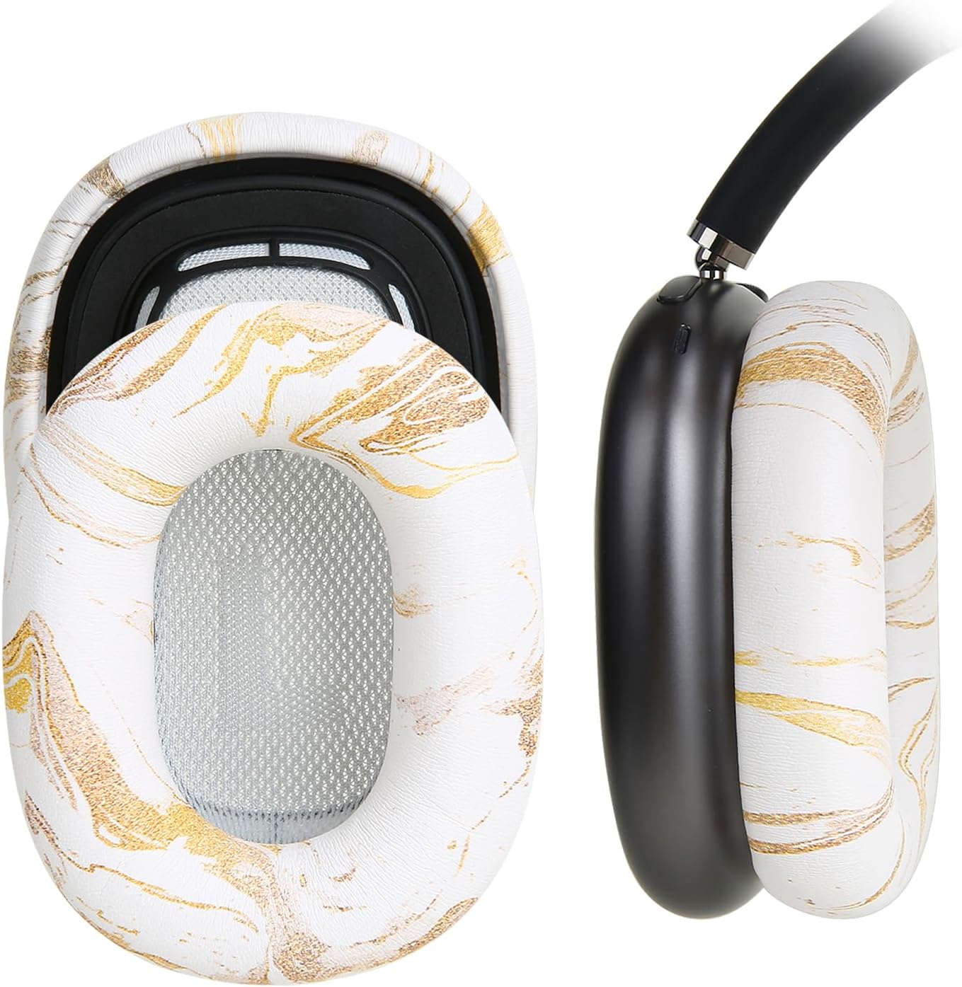 Ear Cushion Pads for AirPods Max Earpads Replacement with Protein Leather, Memory Foam and Magnet, Gorgeous and Luxury Style with White Gilding Pattern