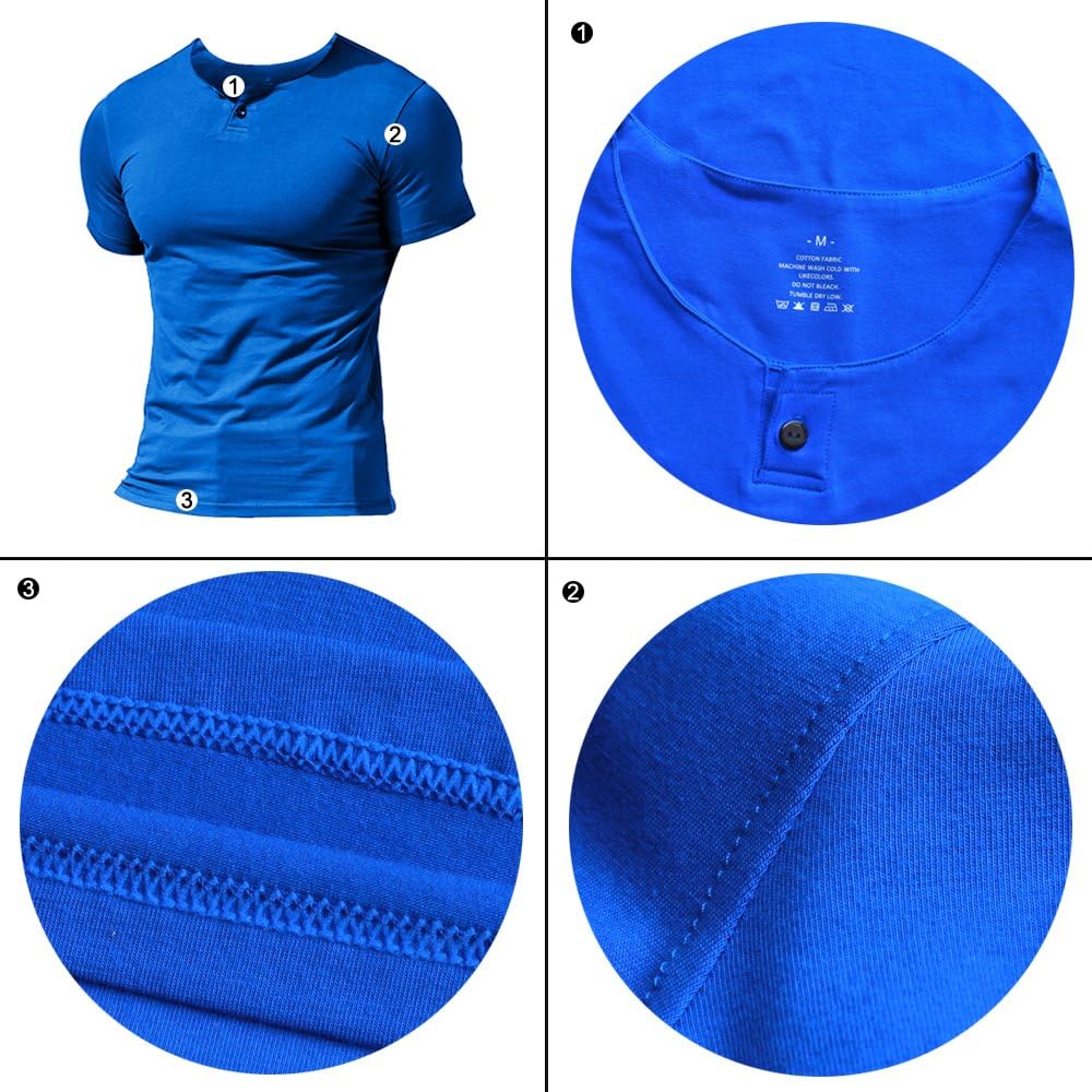 Men's Henley Casual Short-Sleeved T-Shirt, Single Button, Button Placket, Simple V-Neck Shirts, Cotton - Image 4