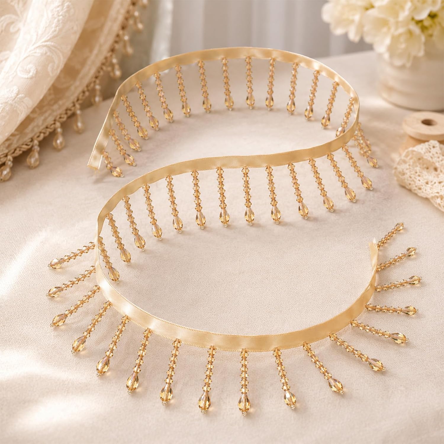 1 Yard Glass Beaded Fringe Trim, Gold Crystal Fringe Tassel Ribbon