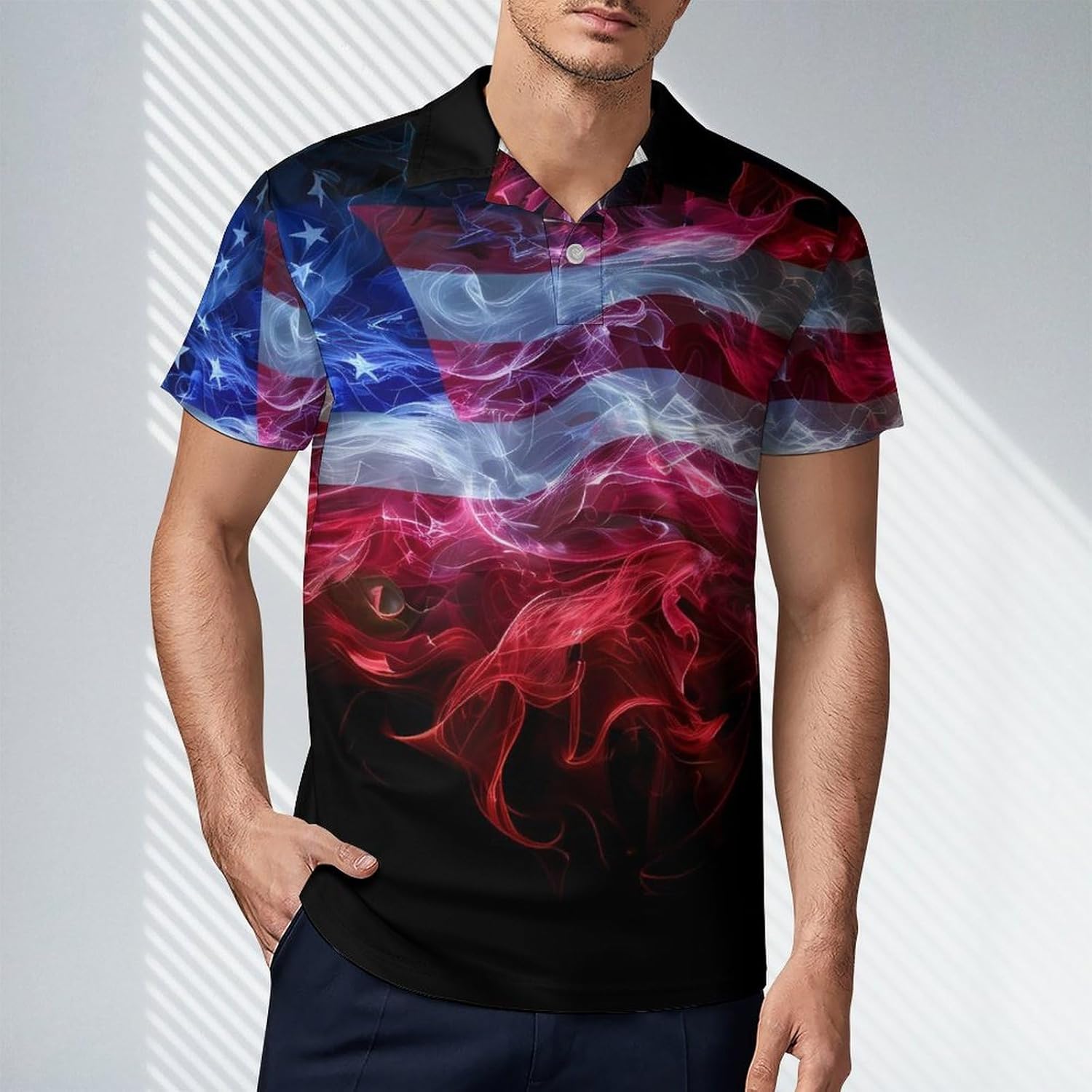 US Smoke Flag Novelty Men's Short Sleeve Shirt Golf Tennis Shirts Work T-Shirt Sport Tee