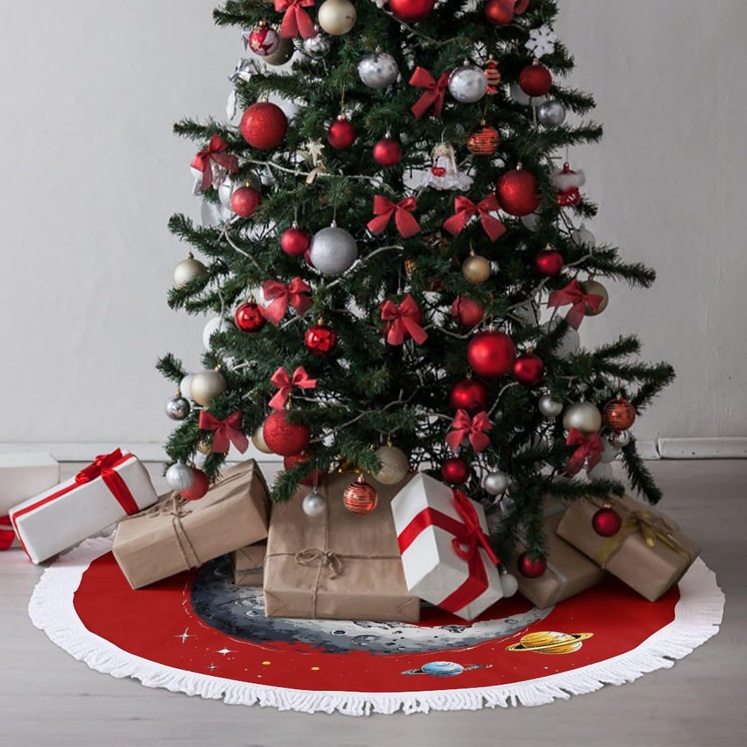 Astronaut Moon Swing Planets Spacees Galaxy Christmas Tree Skirt Round Xmas Tree Mat Ornaments Tree Skirts with Tassels for Holiday Party