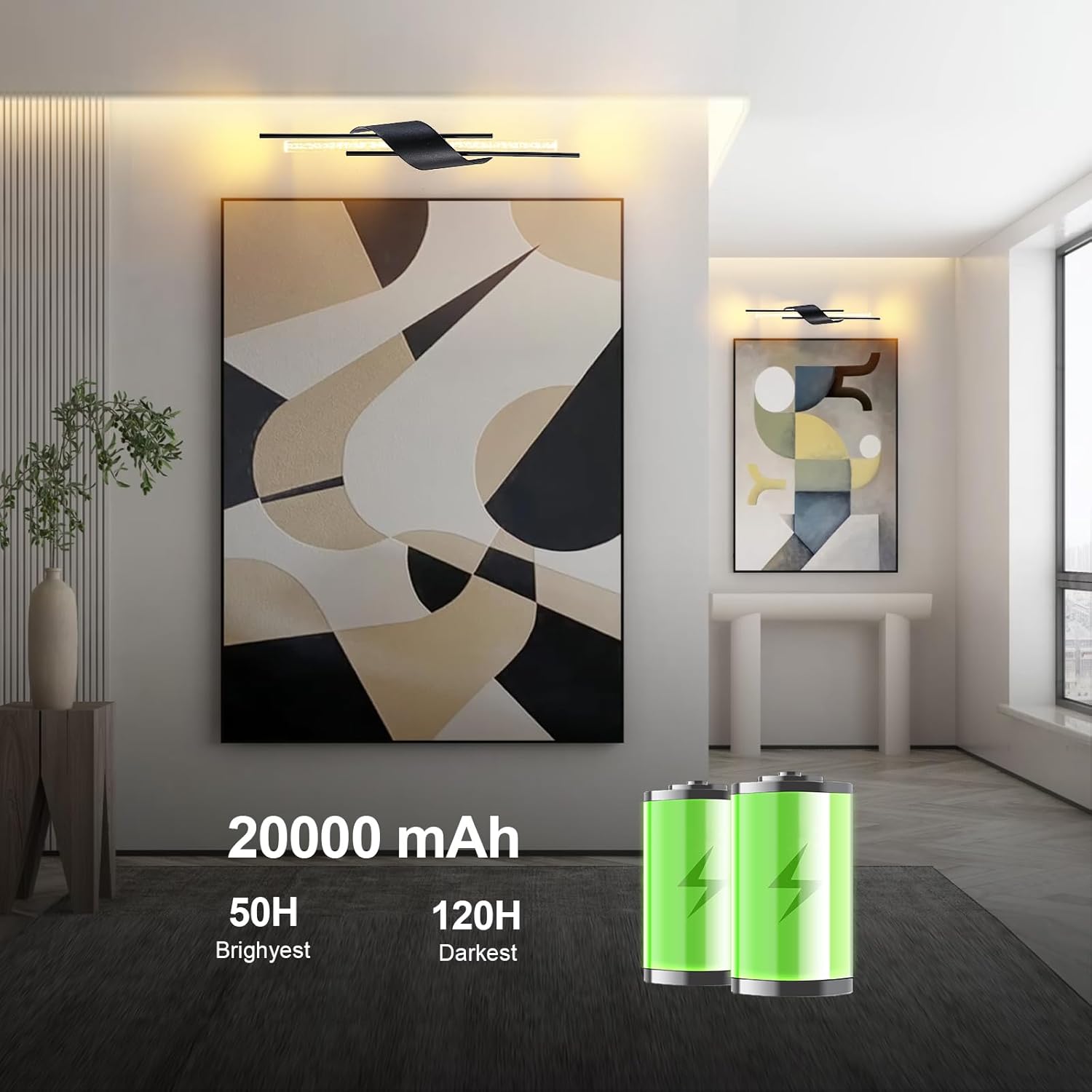 camuucci Battery Operated Wall Sconces Set of Two,Modern Wireless Wall Lights,LED Rechargeable 20000mAh Not Hardwired Remote Control Dimmable Wall Lamp Fixtures for Bedroom Black 25 Inches