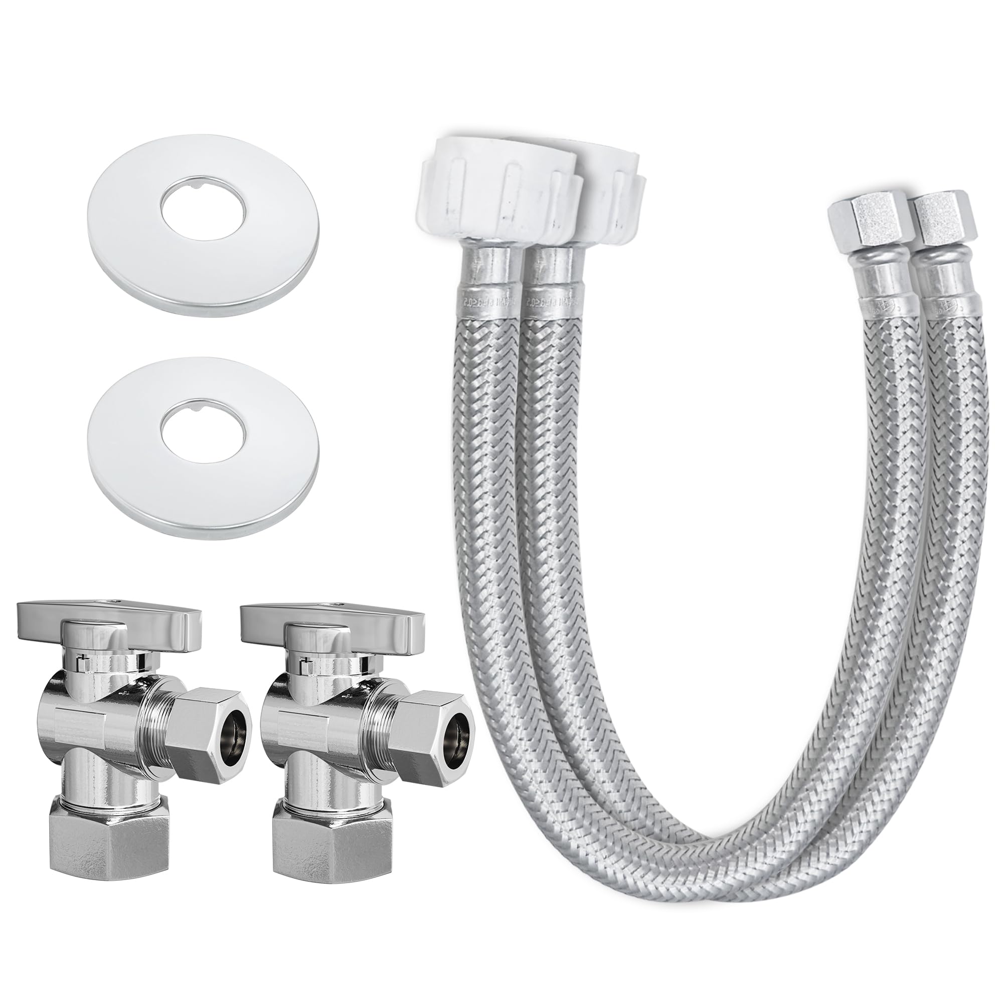 PURAGIER 2 Pack Complete Toilet Set Valve,1/2 inch Nom Inlet x 3/8 Inch Od Compression Outlet Angle Stop Valve+15 Inch Long Stainless Steel Braided Water Supply Line+Escutcheon Plate