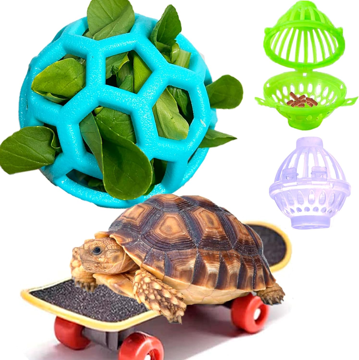 Tortoise Treat Ball and Training Skateboard Toy Set Turtle Feeder Ball Funny Aquatic Turtle Enrichment Toys Aquarium Turtle Feed Toy Tortoise Feeding Balls Vegetable Grass for Small Animals