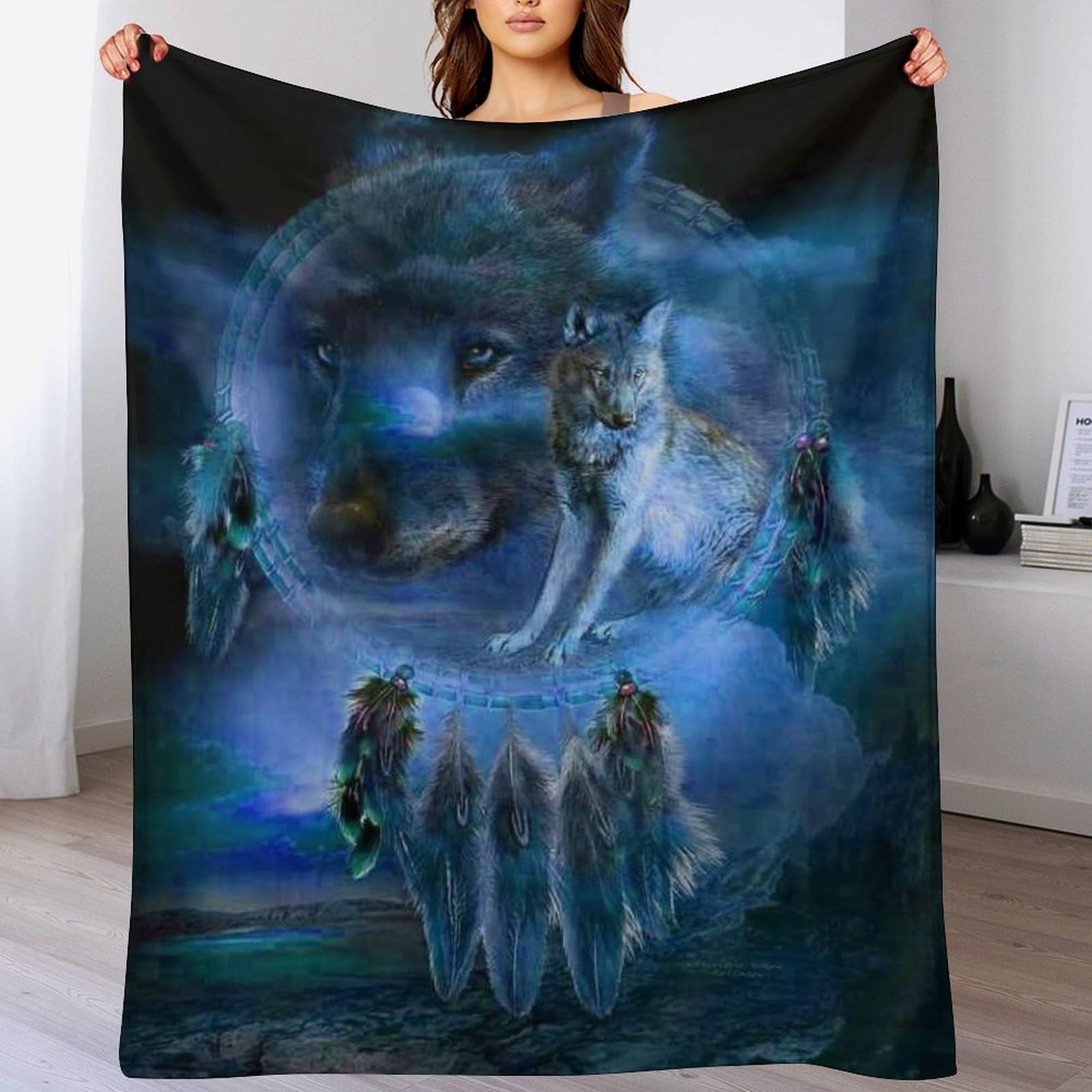 Couverture polaire dreamcatcher loup grand lit 180x200 plaid canape