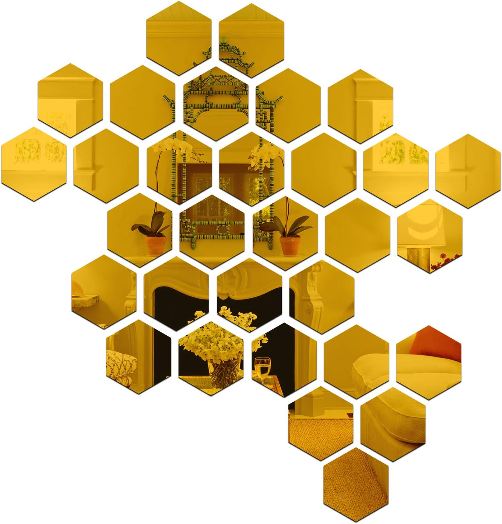 Wall1ders 31 Hexagon with 10 Butterflies Golden (Each Hexagon Size 10.5 cm x 12 cm) Hexagon Mirror Wall Stickers, Mirror Stickers for Wall,