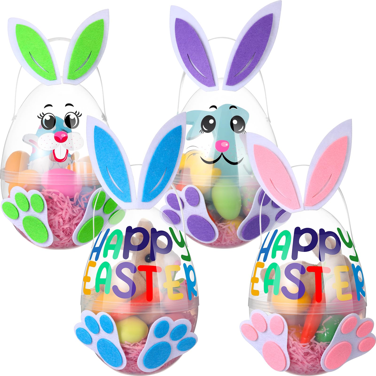 Civaner 4 Set Easter Jumbo Plastic Eggs with Easter Bunny Accessories 8 Inches Transparent Jumbo Fillable Easter Eggs with Handles Giant Plastic Egg Giant Clear Egg for Egg Hunt Surprise DIY