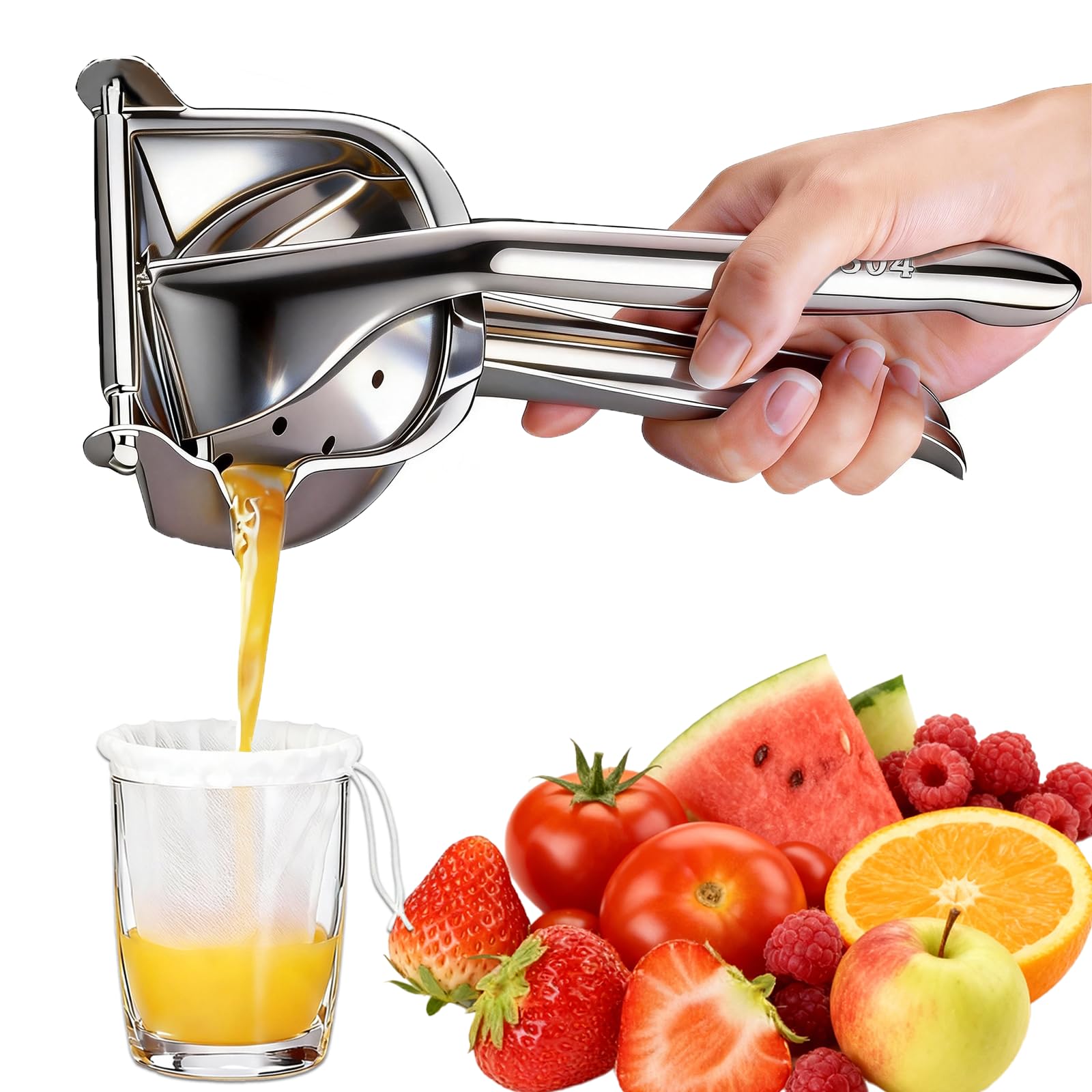 IMGROSE Fruit Juice Squeezer Manual Juicer – 304 Stainless Steel Hand Juicer Juice Press with Metal Filter filter bag, Easy to Use & Clean, Non-Slip Ergonomic Grip, for Lemon, Orange & Citrus