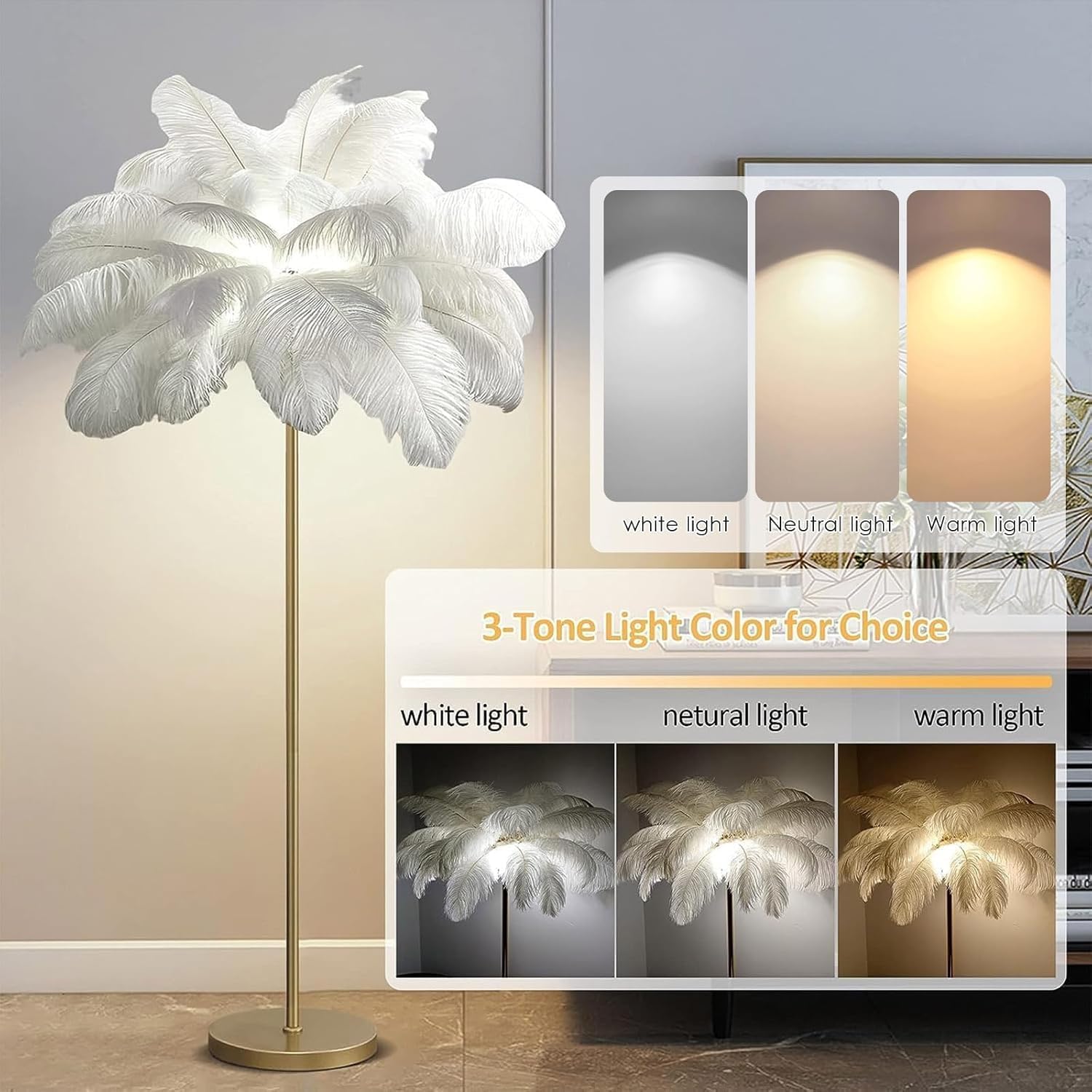 Lampa podłogowa z piór 160 cm z żarówką G4-LED, lampa stojąca z piór z włącznikiem nożnym, elegancka lampa podłogowa z naturalnego pióra strusia do sypialni, salonu, biała