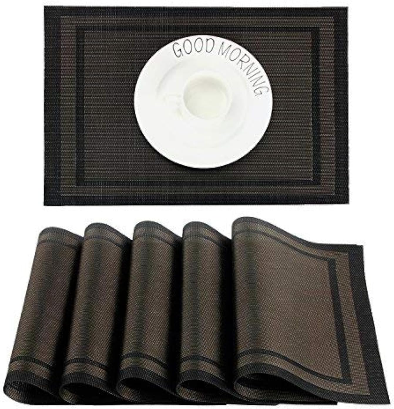 Placemats set of 6,Easy to Clean Non-slip Heat Resistant Dining Table Mats,Washable Crossweave Woven Vinyl PVC Place mats,45CM x 30CM (Black+Gold)