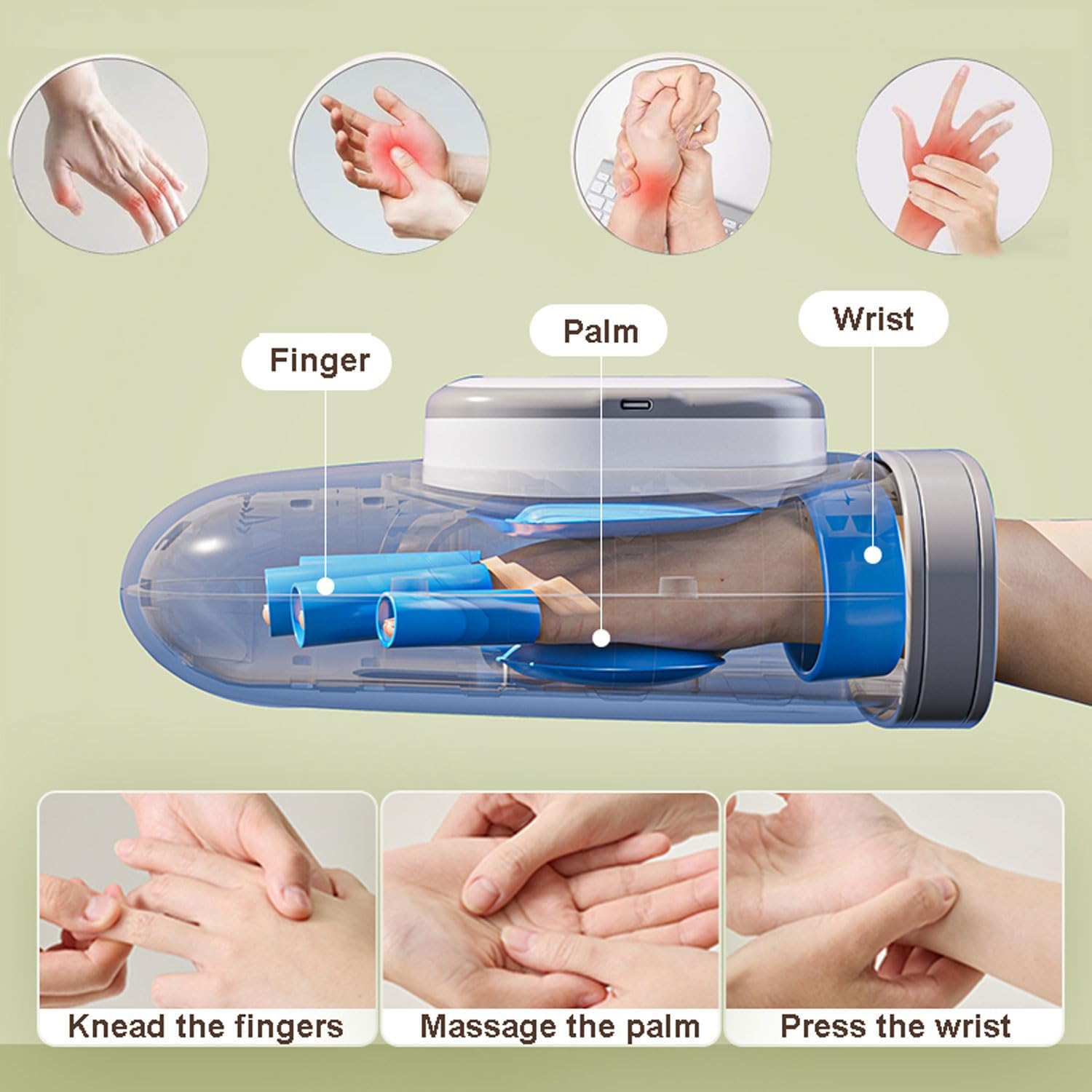 Masajeador de manos, dispositivo de compresión calentado, cuidado de inalámbrico con 3 modos para aliviar las articulaciones de los dedos, temporizador automático, función de frío caliente