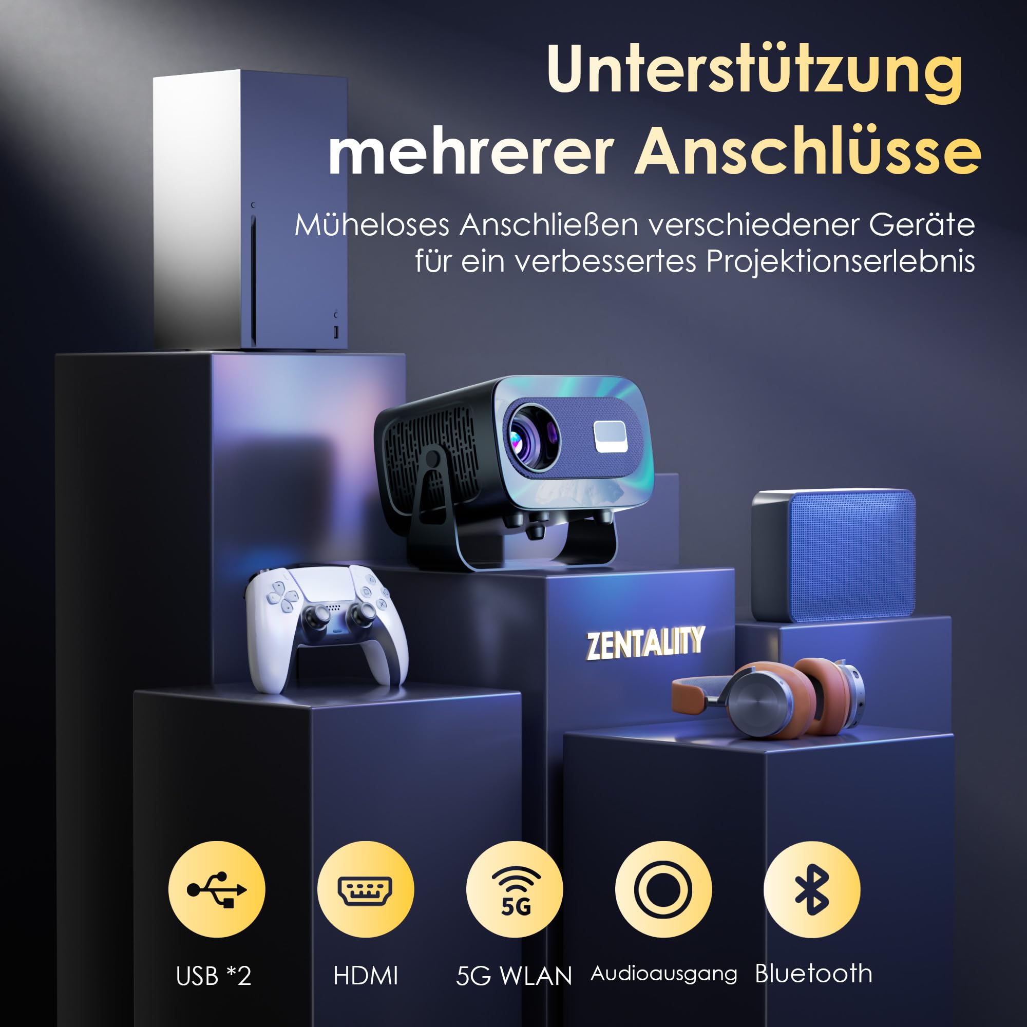 Mini Beamer 4K Smart Beamer【Offizielle App】mit Full HD 1080P, 1000 Lumen, Autofokus und Trapezkorrektur, 360°-Drehung, WiFi und Bluetooth,für Handy HDMI, TV-Stick,Tragbarer/Heimkinoprojektor