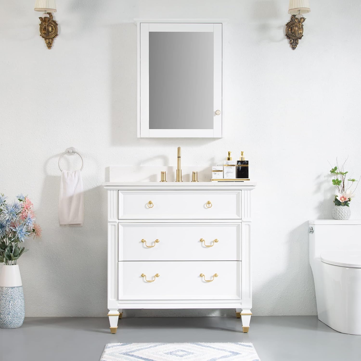 WELLFOR 36" Bathroom Vanity with 24" Wall Mounted Mirror Cabinet, Wooden Bathroom Vanity with Sink Set, Freestanding Bathroom Furniture for Home Decor and Storage Organization, White