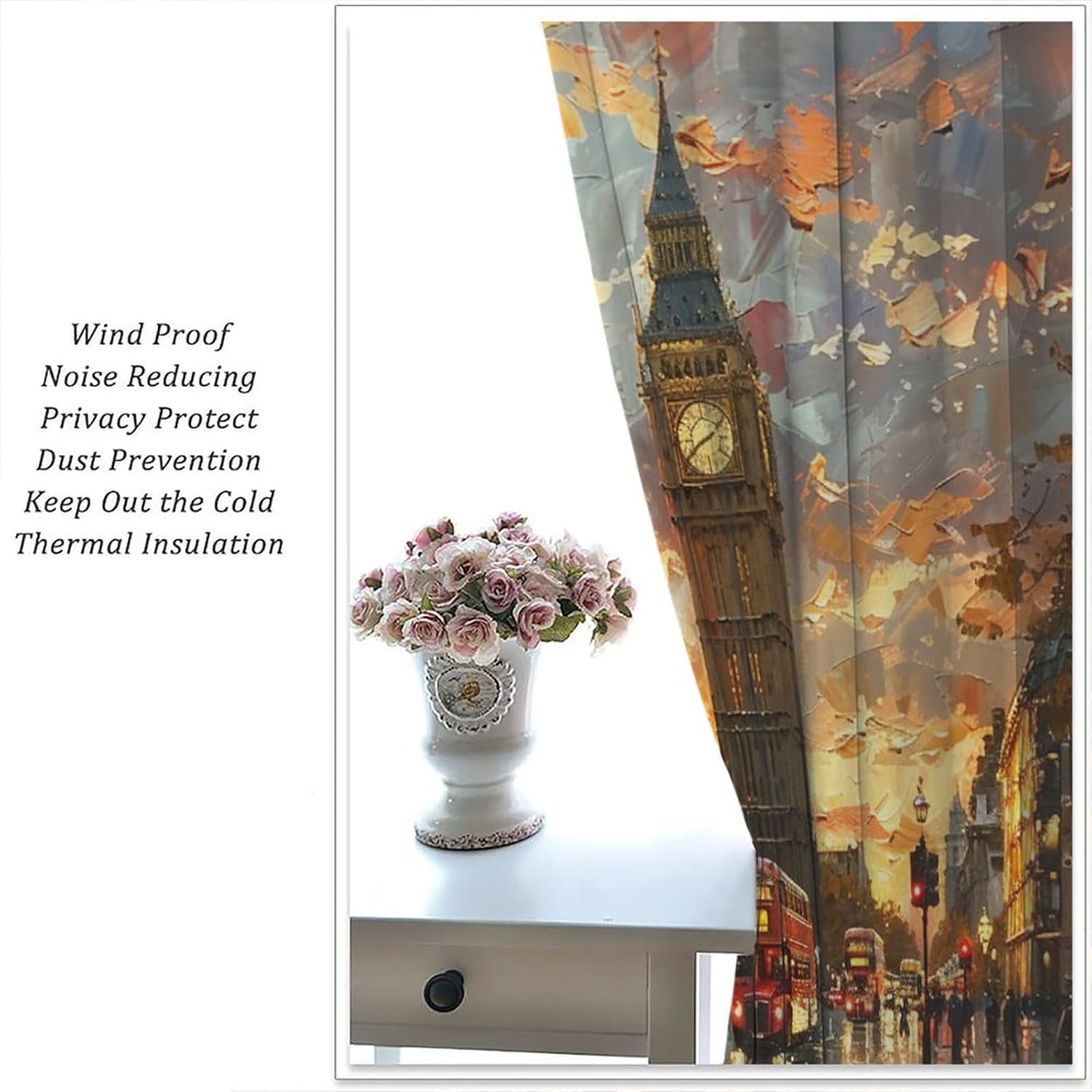 Classic Building Oil Painting Blackout Curtains for Bedroom/Living Room, Romantic Big Ben London Thermal Insulated Curtains Rod Pocket Window Drapes, 2 Panels/Each 42" W x 84" L