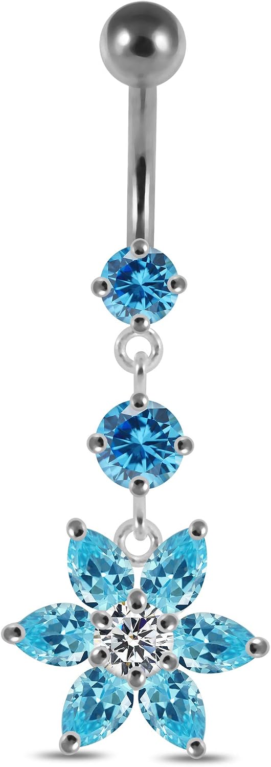 Stylish 2 Round with Stylish Flower Dangling Design 925 Sterling Silver with Stainless Steel Belly Ring - Belly Button jewelry - Navel jewelry