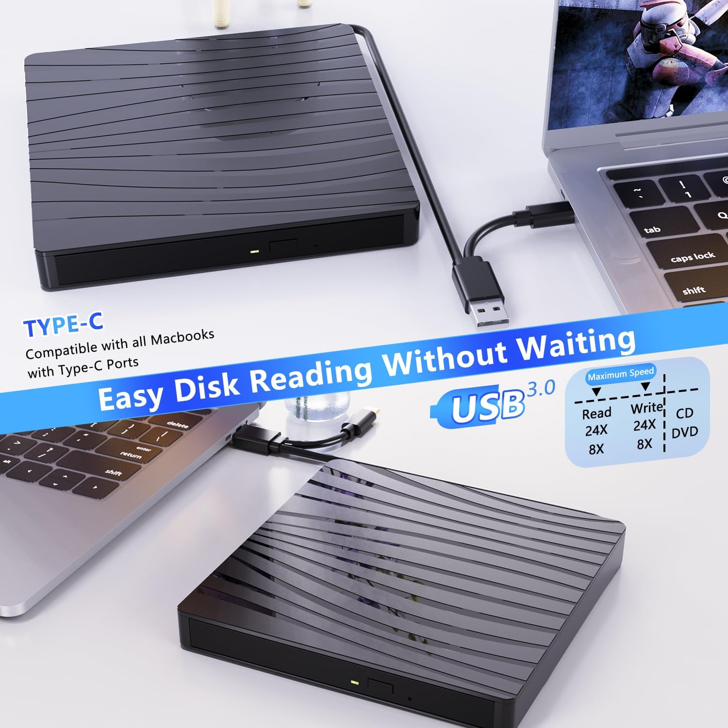 QDSYLQ External CD/DVD Drive with Type-C connection and speed indicators