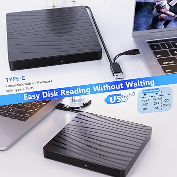 External DVD Drive USB 3.0 and Type-C Portable CD DVD +/-RW Burner Optical Drive DVD Drive External for Laptop PC Desktop MacBook iMac Windows 11/10/8/7/XP/Linux/MacOS