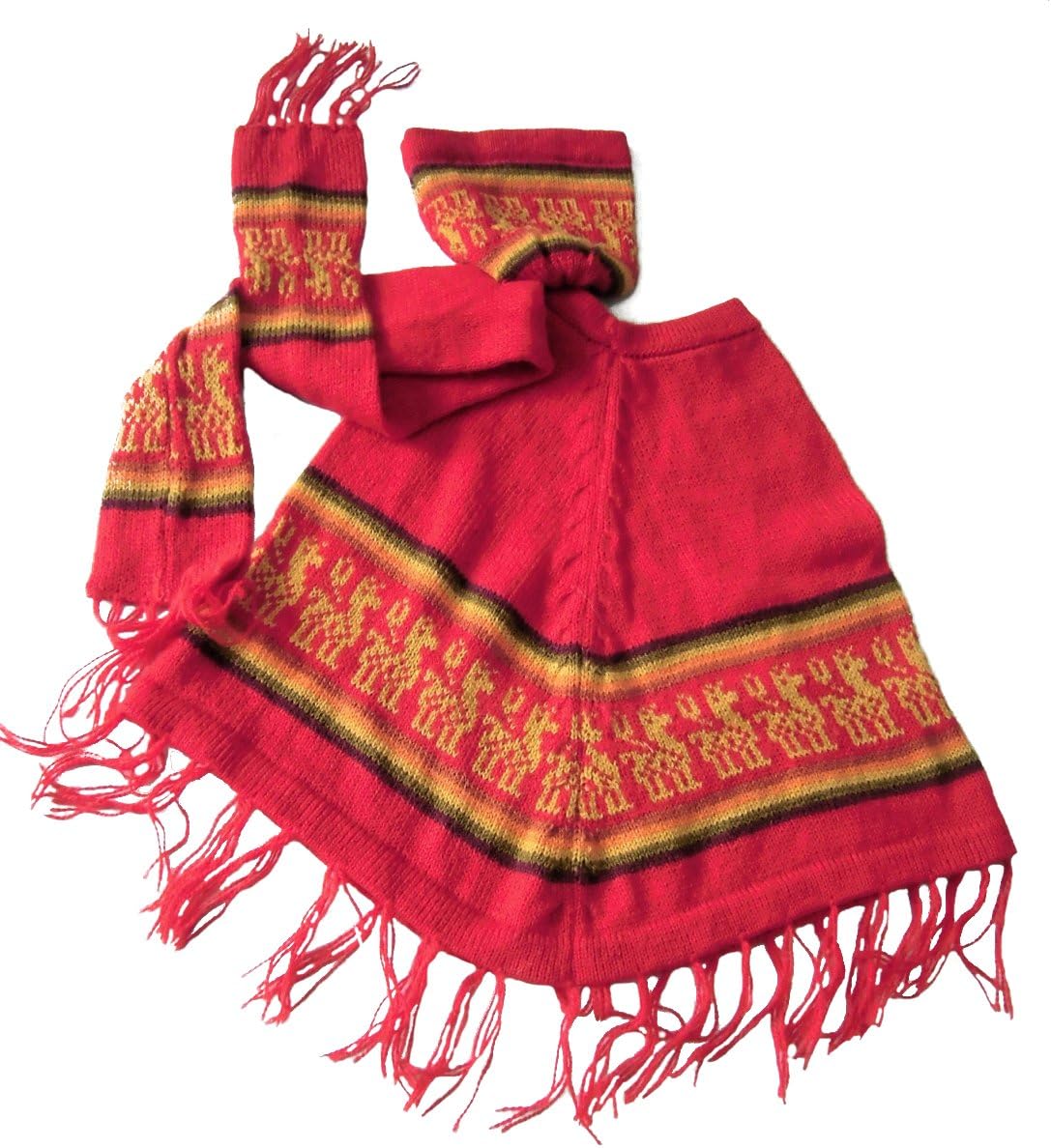 Girls Peruvian Poncho Set with Hat and Scarf Alpaca Wool 3-5 Years Red