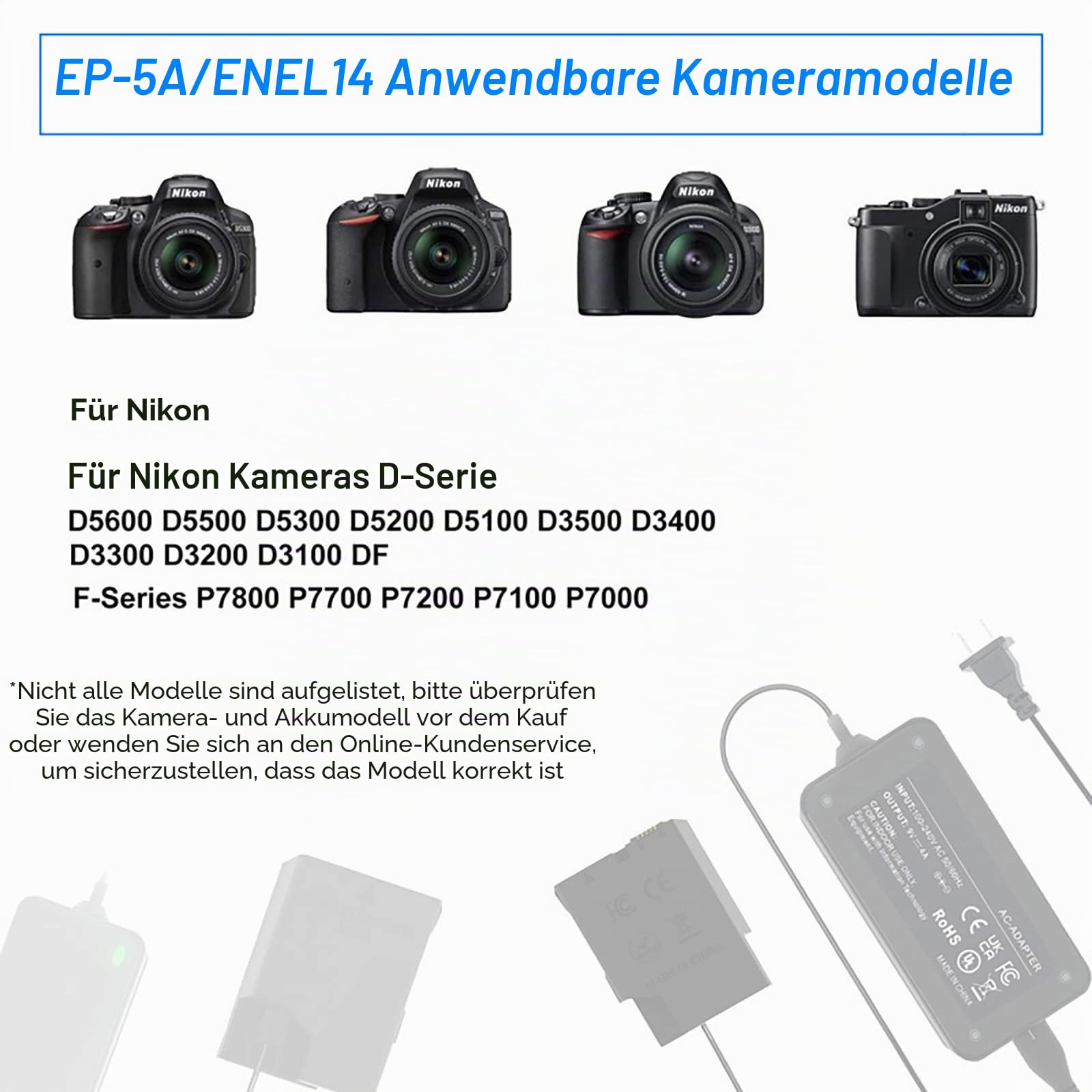EP-5A Netzteil DC Coupler EN-EL14 Dummy Akku für Nikon D3100 D3200 D3300 D3400 D3500 D5100 D5200 D5300 D5500 D5600 P7800 P7100 DF Kameras.