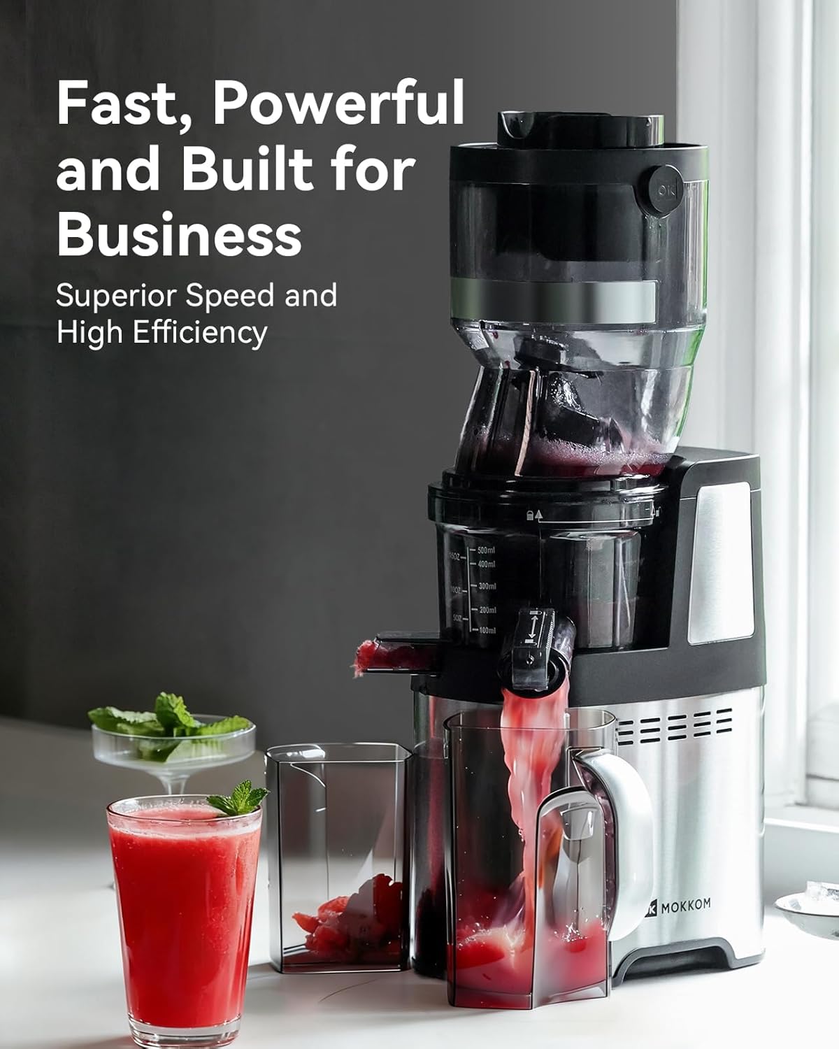 MOKKOM Commercial Cold Press Juicer, 5.9" Large Feed Chute Juice Extractor Machine, High Juice Yield, Slow Masticating Juicer for Whole Vegetables & Fruits, Easy to Clean for home and commercial use