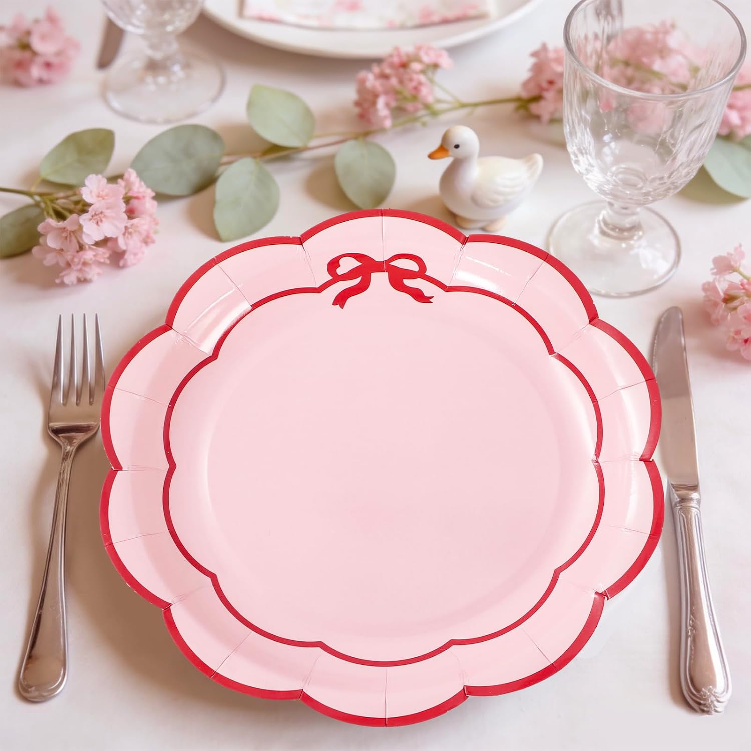 JarThenaAMCS 50 Pcs Scalloped Paper Plates 7 Inch Pink Plates with Red Bow Trim Disposable Decorative Plate for Christmas Baby Bridal Shower Wedding Birthday Party Supplies image 5