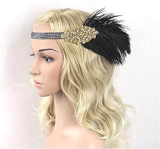 SCALZE Feather Headband 1920s Great Gatsby Headpiece Black Gold Beading Feather Vintage Headband Flapper Costume Party Gift Red Feather Headband